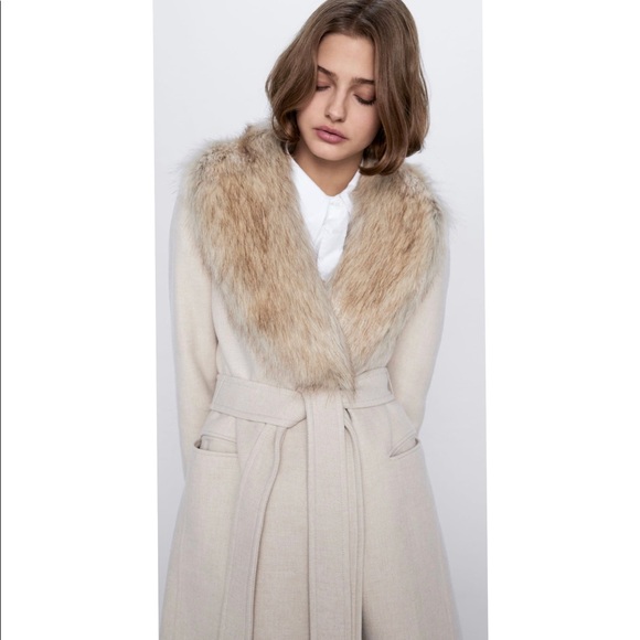 Beige fur collar coat Clearance